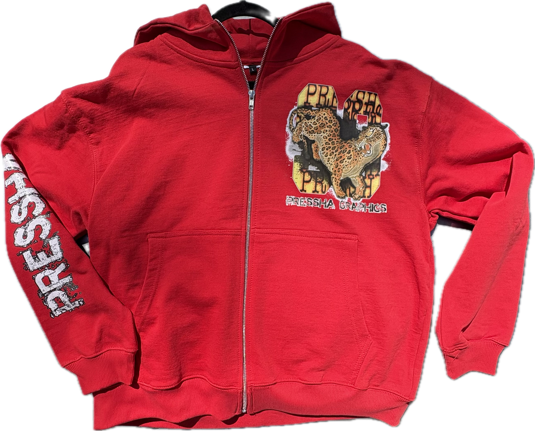 red heavyweight carhartt stye hoodie, urban fashion, streetwear, pressha, pressha graphics, pressha clothing zip up hoodie, tiger print hoodie