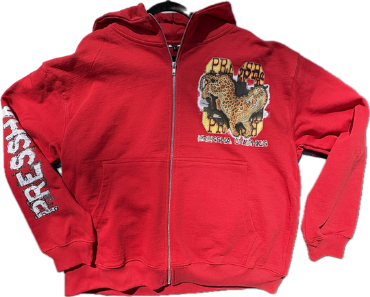 red heavyweight carhartt stye hoodie, urban fashion, streetwear, pressha, pressha graphics, pressha clothing zip up hoodie, tiger print hoodie