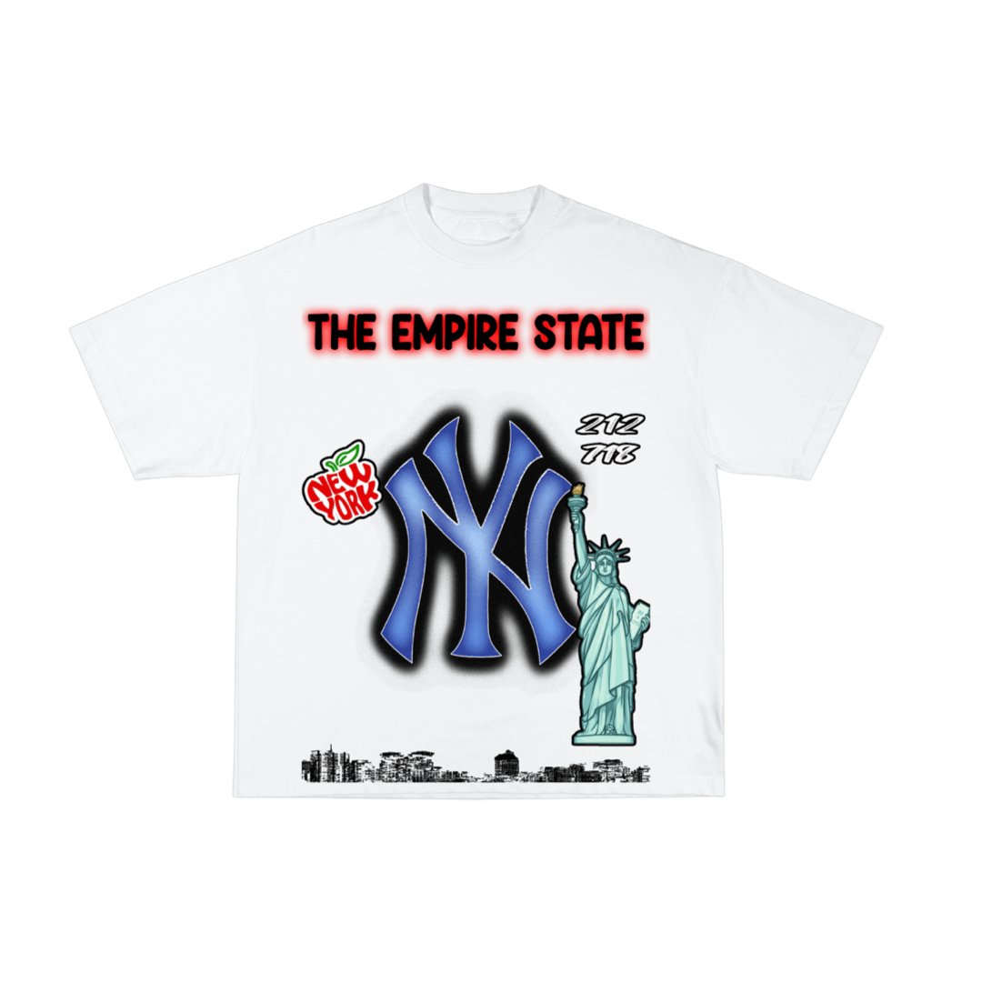 NYC Airbrush T-$hirt featuring a vibrant airbrush-style graphic of the New York City skyline and Statue of Liberty, representing urban streetwear and hip-hop culture
