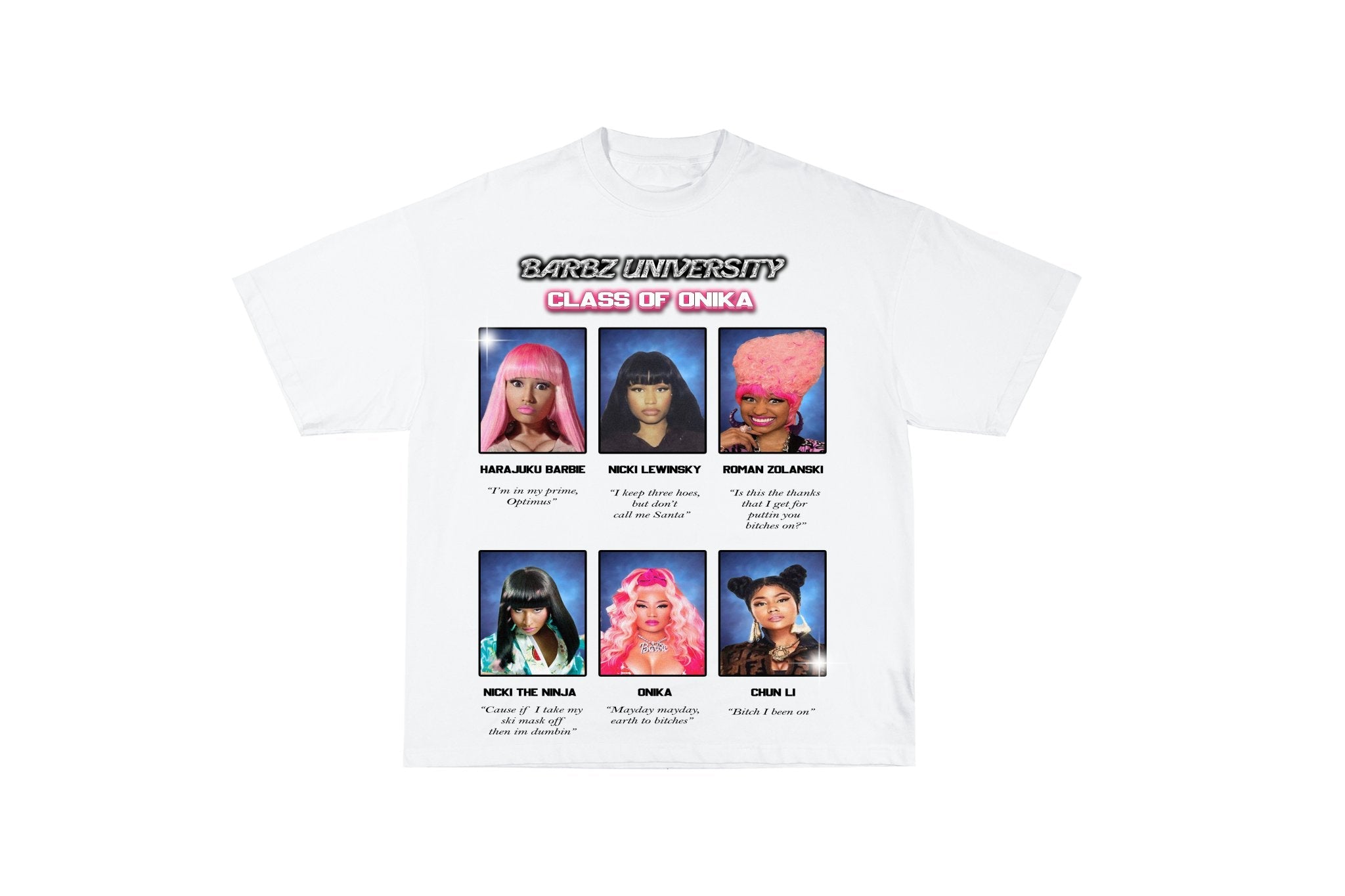 Onika University T-$hirt featuring yearbook-style portraits of Nicki Minaj's alter egos, representing urban streetwear and hip-hop culture