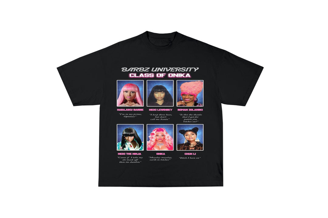 Onika University T-$hirt featuring yearbook-style portraits of Nicki Minaj's alter egos, representing urban streetwear and hip-hop culture